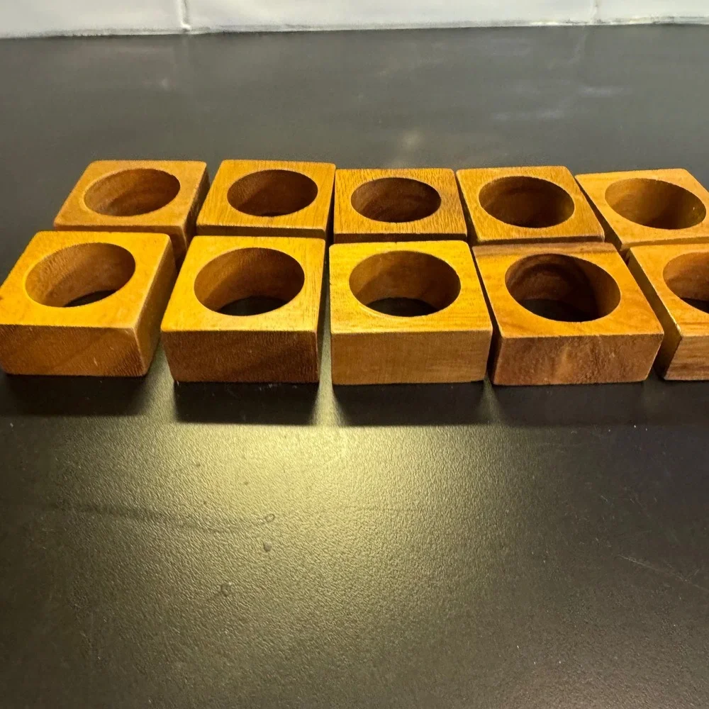 Wooden Napkin Rings Set of 10 Brown Square Mid Century Modern Rustic Table Decor